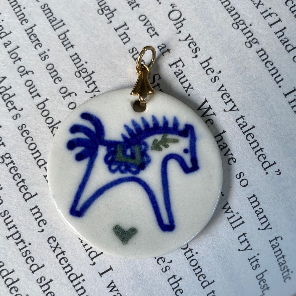 Vintage Blue & White Ceramic Horse Pendant